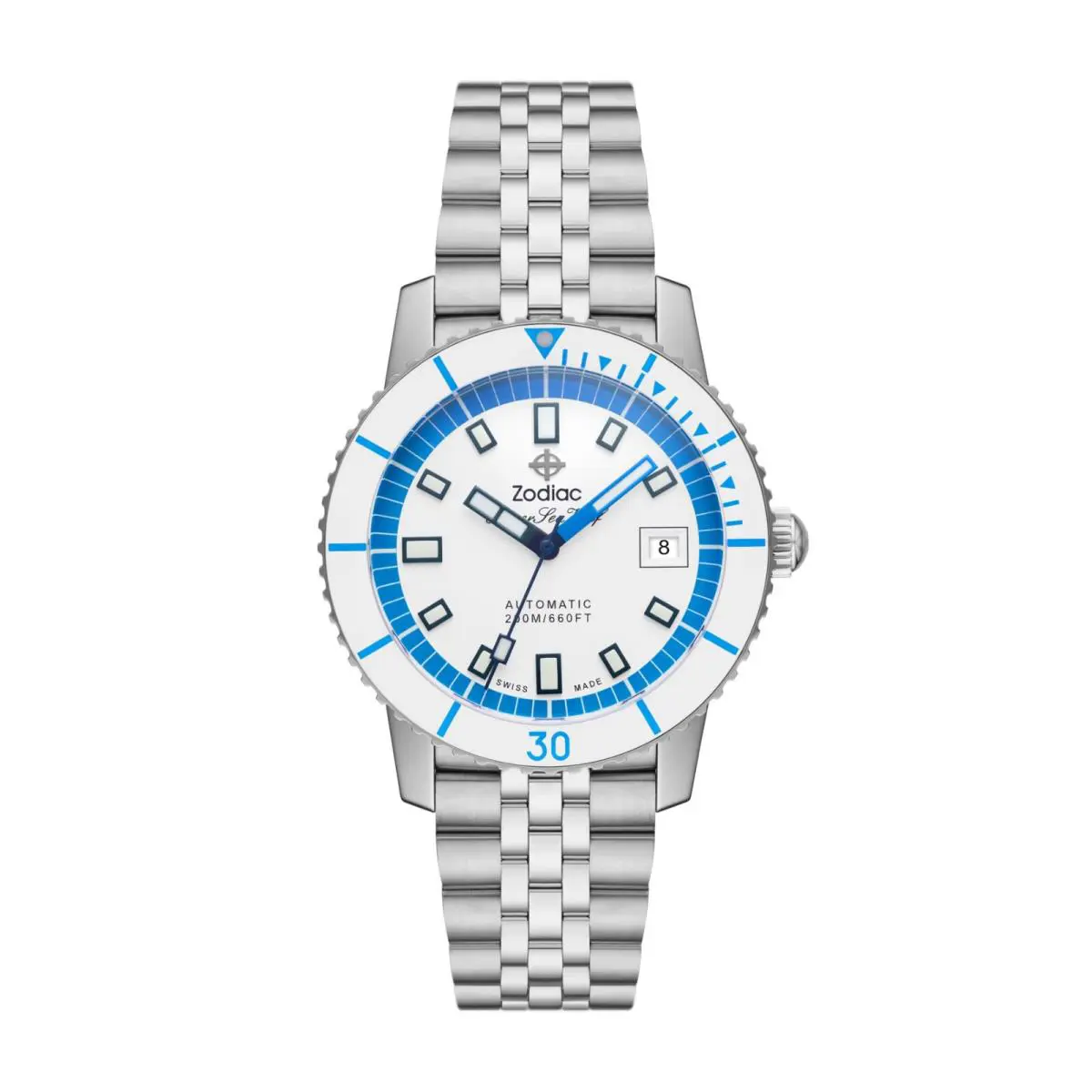 Zodiac Super Sea Wolf Compression Automatic Stainless Steel Watch ZO9291 - Dial: Blue, White, Band: Silver, Bezel: Blue, White
