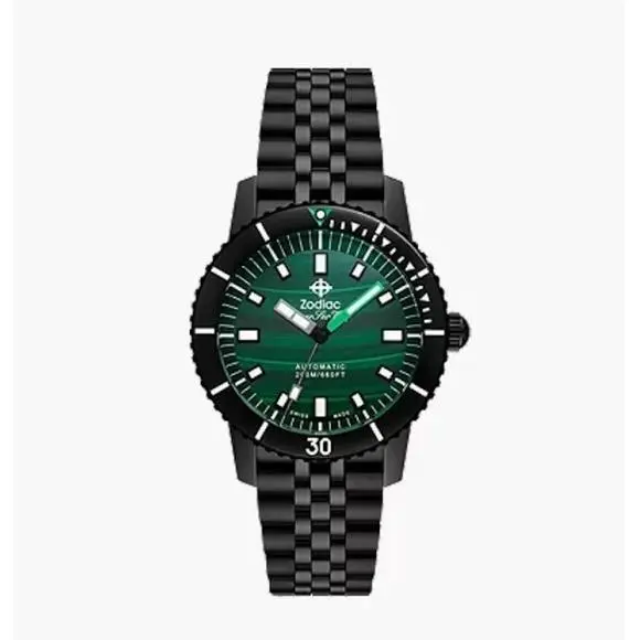 Zodiac Super Sea Wolf Automatic Green Malachite Dial Black Mens Watch ZO9291 - Dial: green and black, Band: black, Bezel: Black