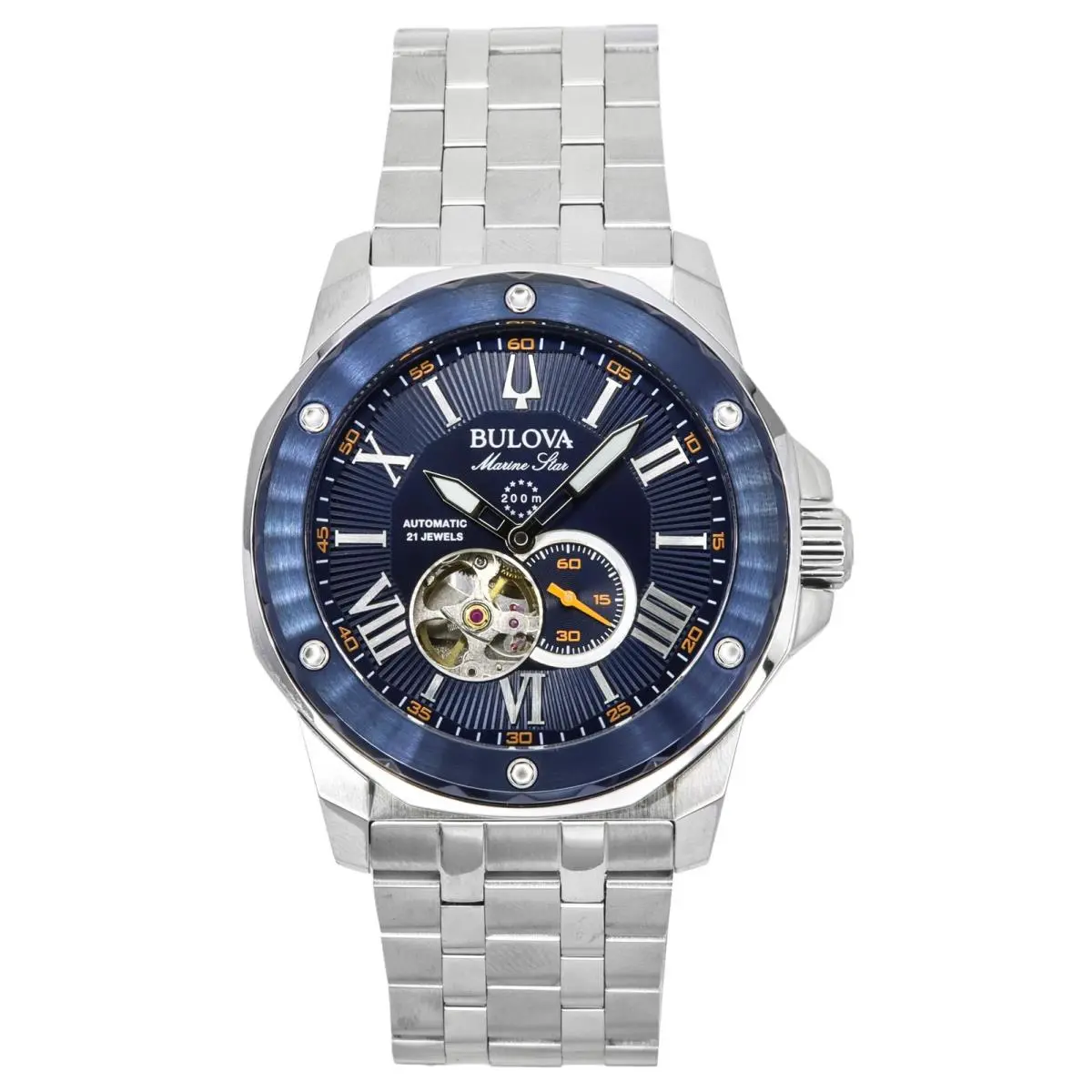 Marine Star Open Heart Blue Dial Automatic 21 Jewels 98A302 Men`s Watch by Bulova