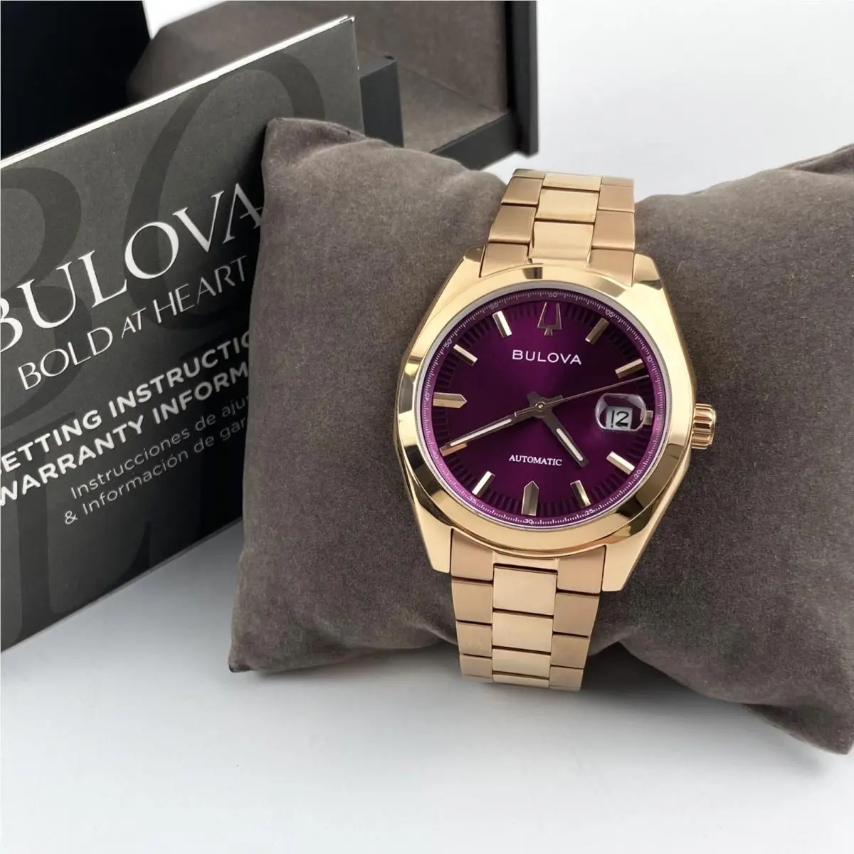 Bulova Surveyor Men`s 97B234 Automatic Watch Purple Dial Rose Gold Tone 39mm