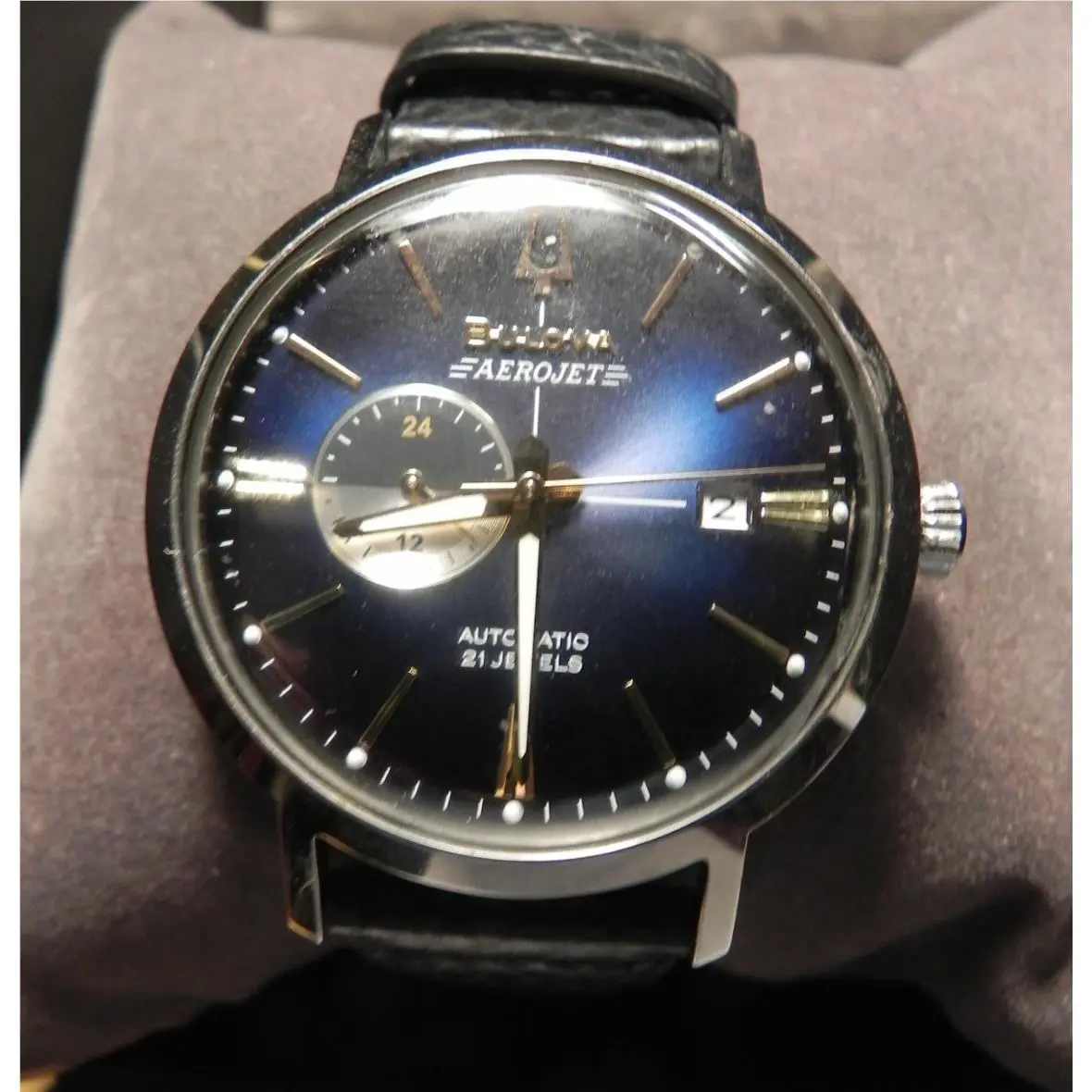 Bulova Aerojet Chronograph Automatic Blue Sunray Dial Men`s Watch 96B374