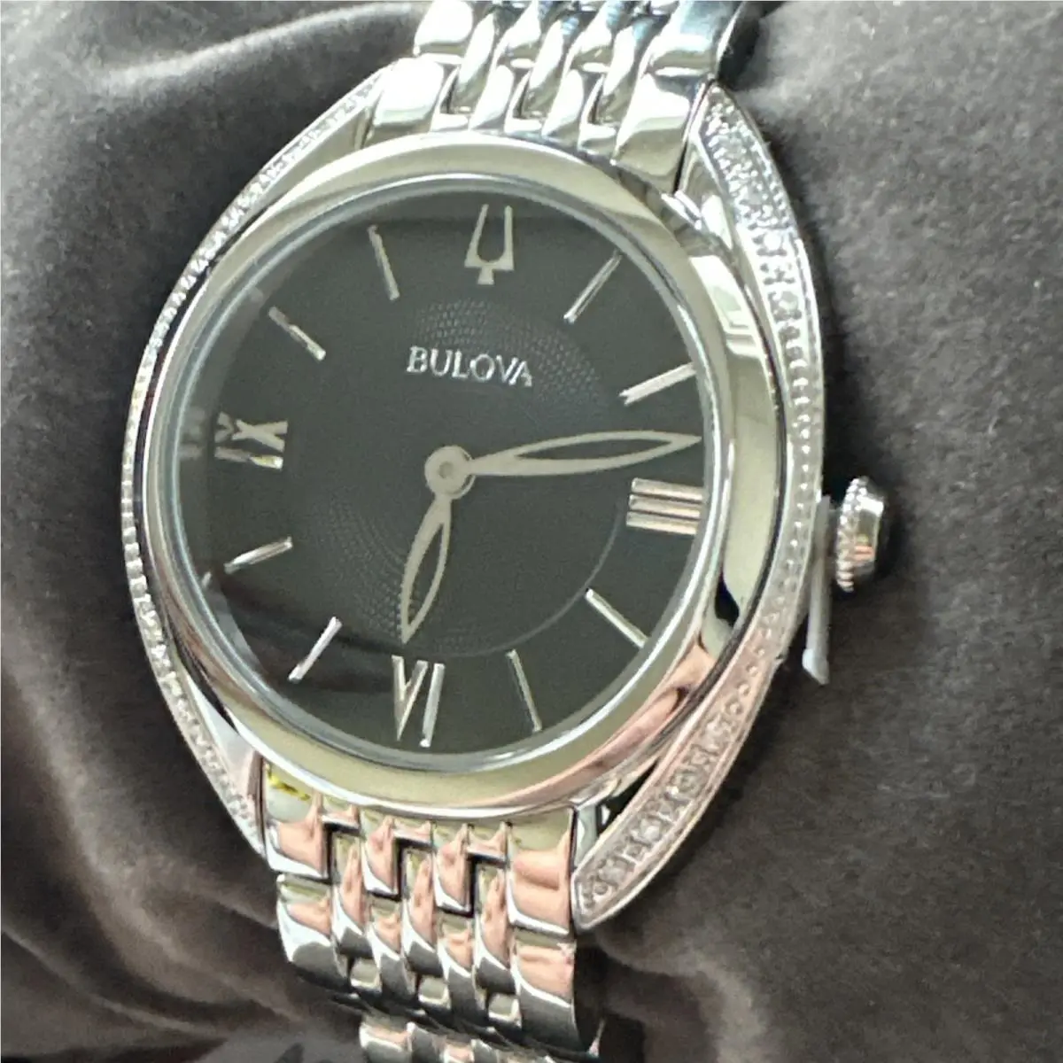 Bulova Women`s Diamond Accent Quartz Silver Stainless Steel Watch 30MM 96R252 - Dial: Black, Band: Silver