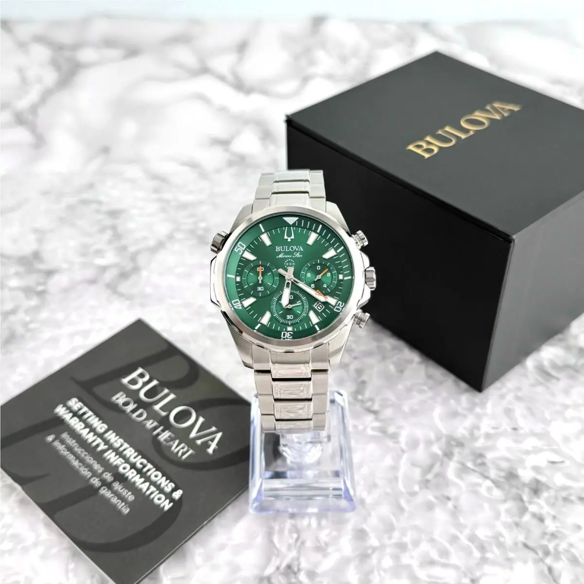 Bulova Men`s Marine Star 96B396 Green Dial Chronograph Quartz Watch 43MM