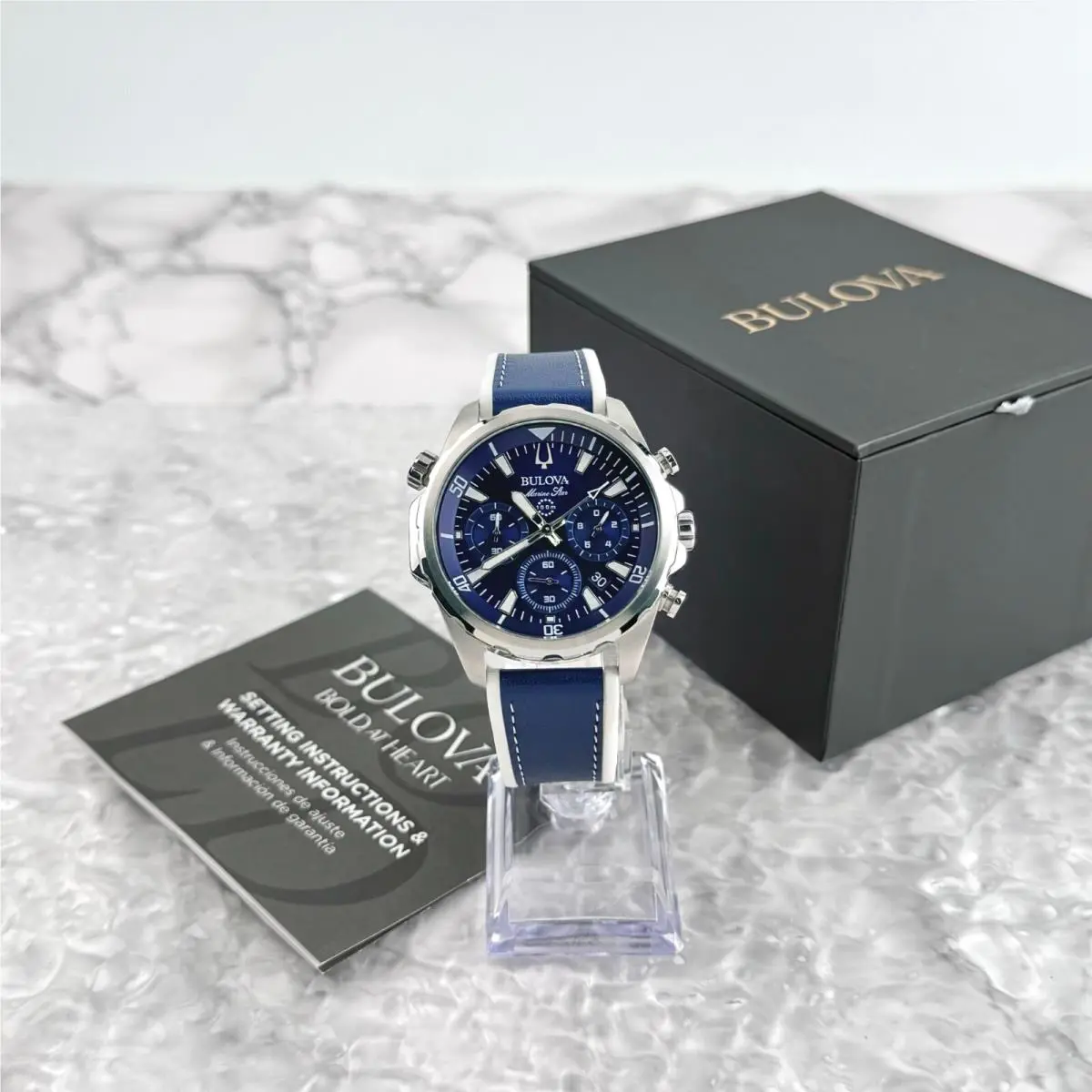 Bulova Marine Star Blue Dial 43MM Chronograph Quartz Men`s Watch 96B287
