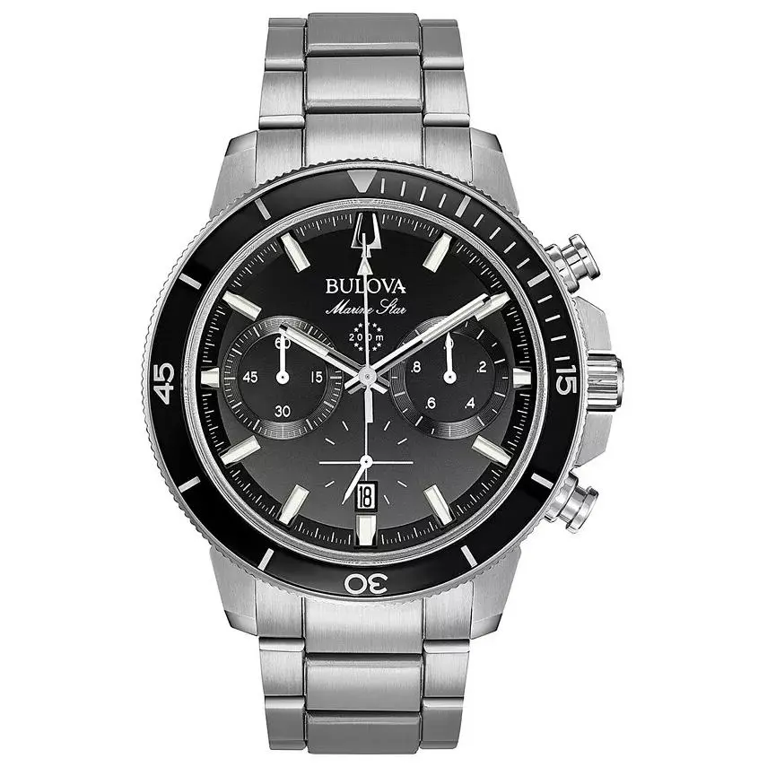 Bulova Mens Silver Chronograph Marine Star Stainless Steel Watch 45 mm F1202 - Dial: Black, Band: Silver, Bezel: Black