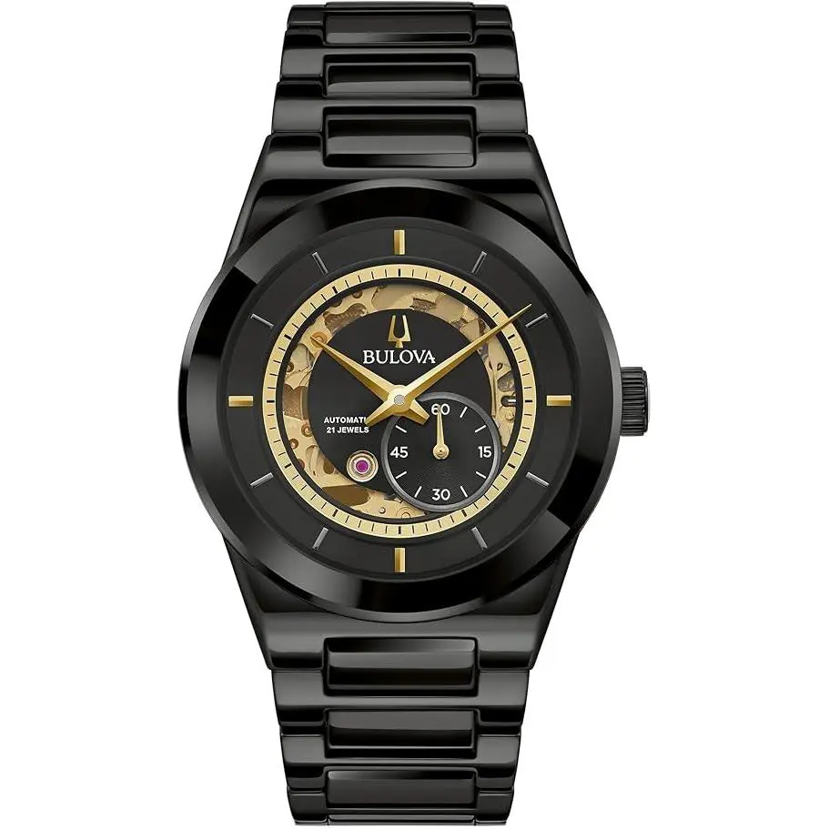 Bulova Millennia Modern Ceramic Automatic Mens Watch - Hand: Gold, Strap: Black