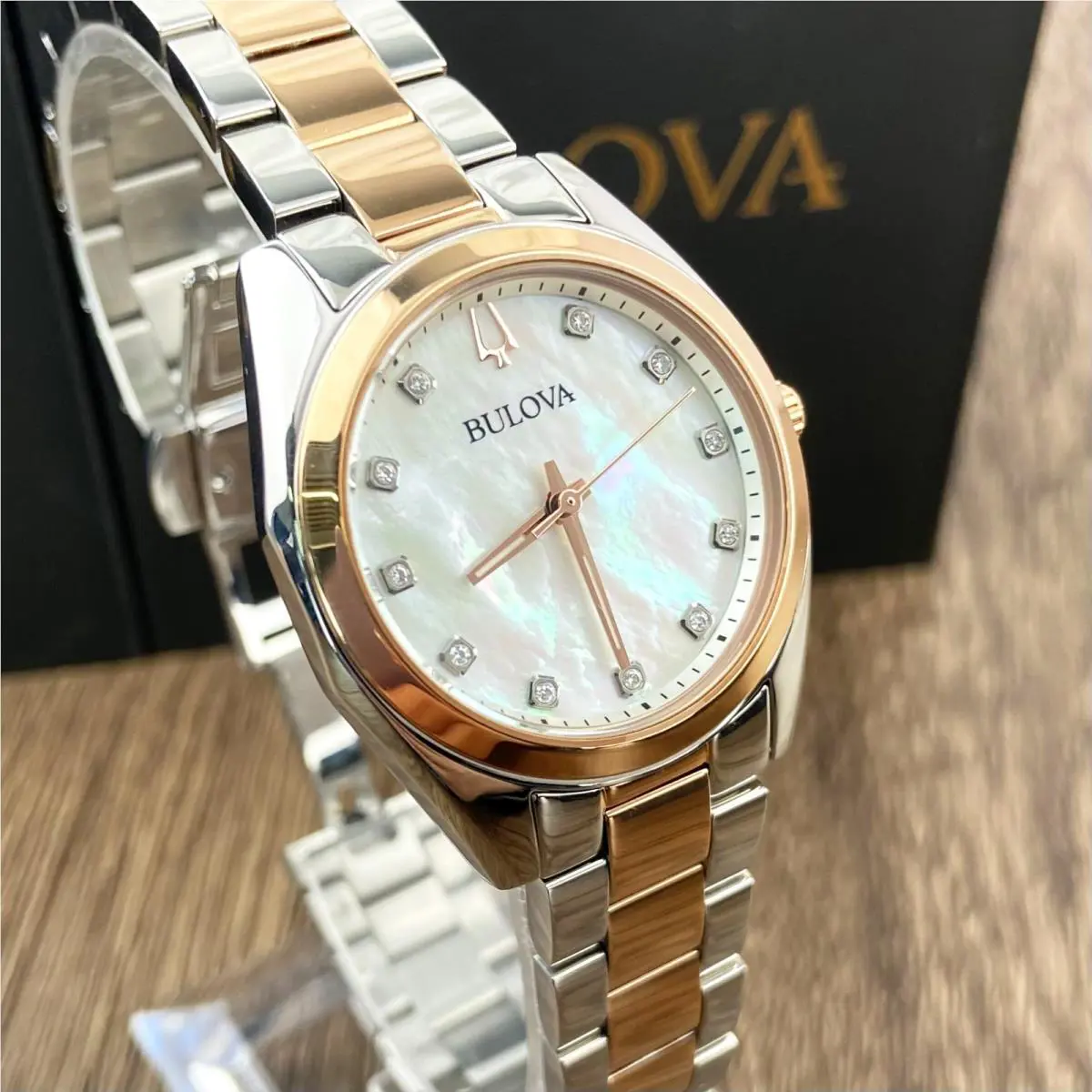 Bulova Surveyor 98P207 Womens Watch Mother of Pearl Dial Rose Gold Tone Strap