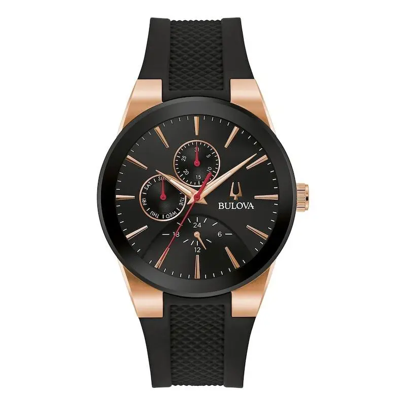 Bulova Men`s Millenia Rose Gold Tone Day / Date Silicone Band Watch 97C112