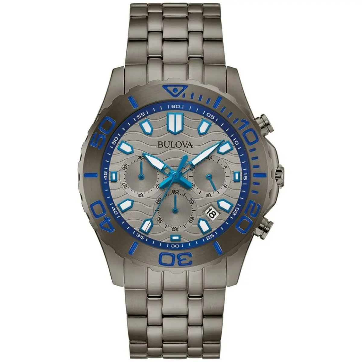 Bulova Men`s Analog Watch Quartz Chronograph Grey Steel Bracelet Date 98B434
