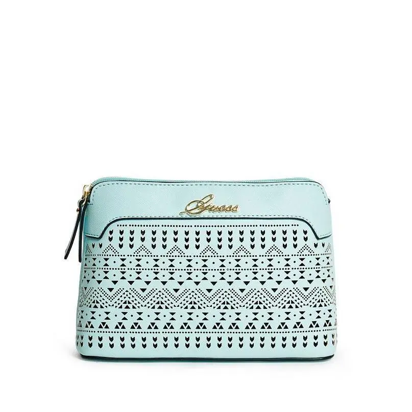 Guess Mint Green Saffiano Leather Laser Cut Zip Gold Cosmetic+make UP