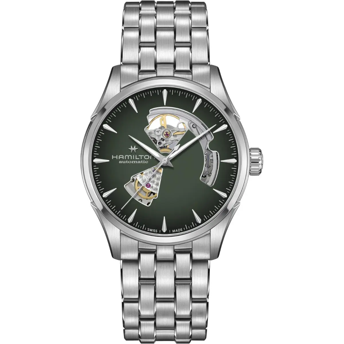 Hamilton H32705160 Jazzmaster Open Heart Steel 42 mm Green Dial Auto Men`s Watch - Dial: Green, Band: Silver, Bezel: Silver