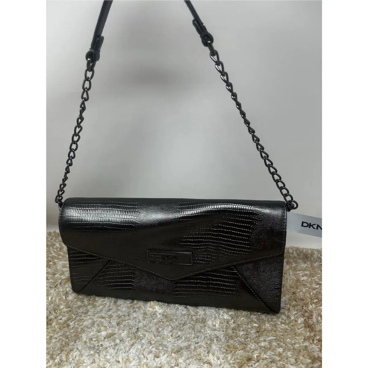 Dkny Gray Lizard Embossed Crossbody Bag Envelope Clutch with Chain Strap Purse