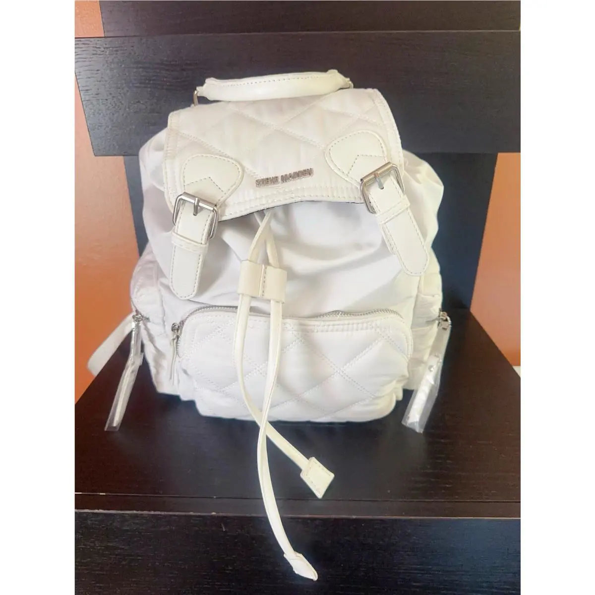 Steve Madden White Bsolly Large Backpack 16 15 8” Grid Nylon Lightweight