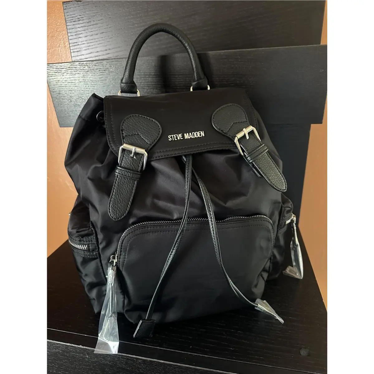 Steven Madden Medium Bsolly Backpack D0328735 Black Nylon Silver Logo Wide