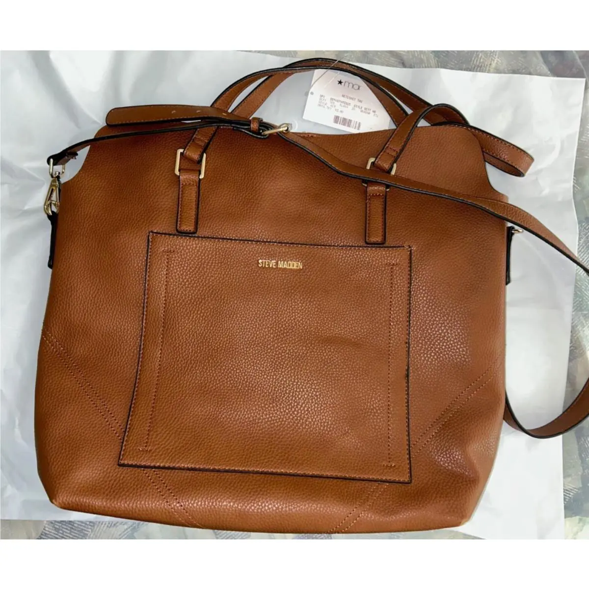 Steve Madden Large Double Handle Crossbody Tote Bag Cognac Gold