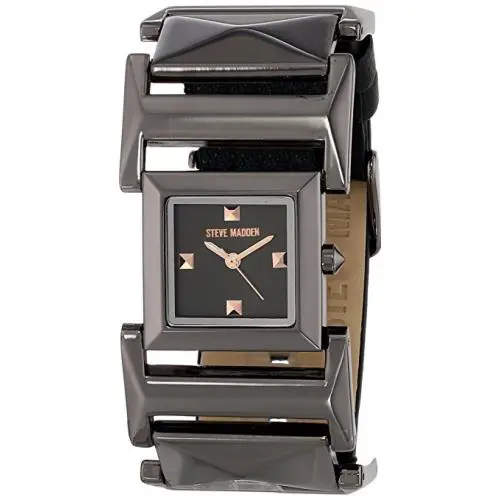 Steve Madden Women`s Black Leather and Pyramid Link Strap Watch F1299