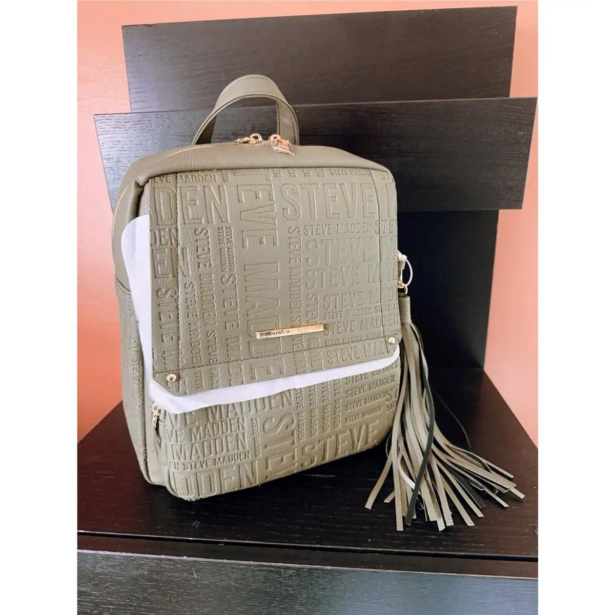 Steve Madden DR126400 Olive Btampaa Logo Embossed Soft Leather Backpack Tassel
