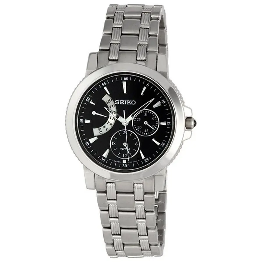 Seiko LE Grand Sport Black Dial Retrograde Day Date Quartz Watch SNT001 39MM - Dial: Black, Band: Silver, Bezel: Silver