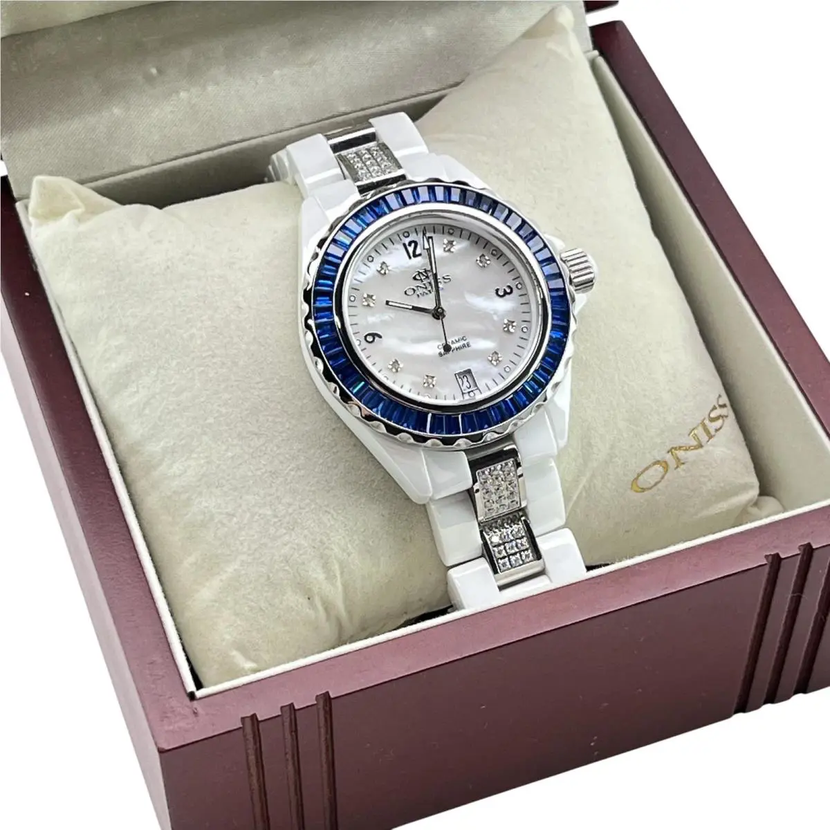 Oniss Princess Swiss Womens Watch White Mop Blue Bezel Date ON8890-L