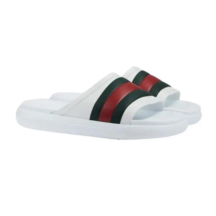 Men`s  White Green Red Web Rubber Slides Sandals 780286 by Gucci