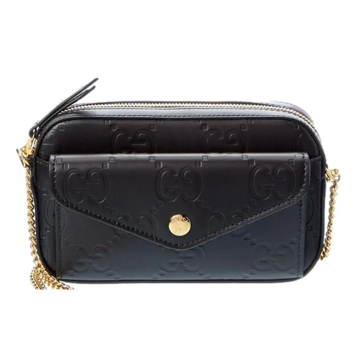 Gucci Gilbert Black Guccissima Leather Double Zip Camera Crossbody Gold