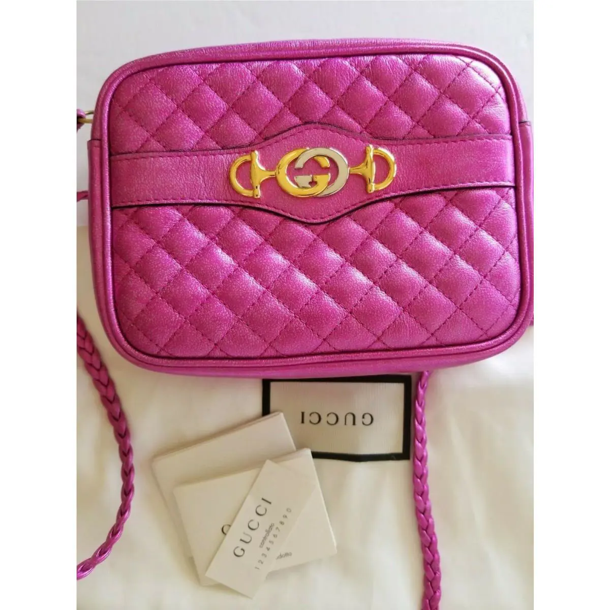 Gucci Quilted Metallic Leather Camera Bag Crossbody Shoulder Bag Fuchsia