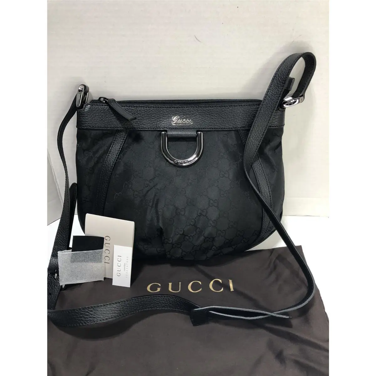 Gucci GG Logo Black Satin Canvas Black Leather Crossbody Messenger Handbag