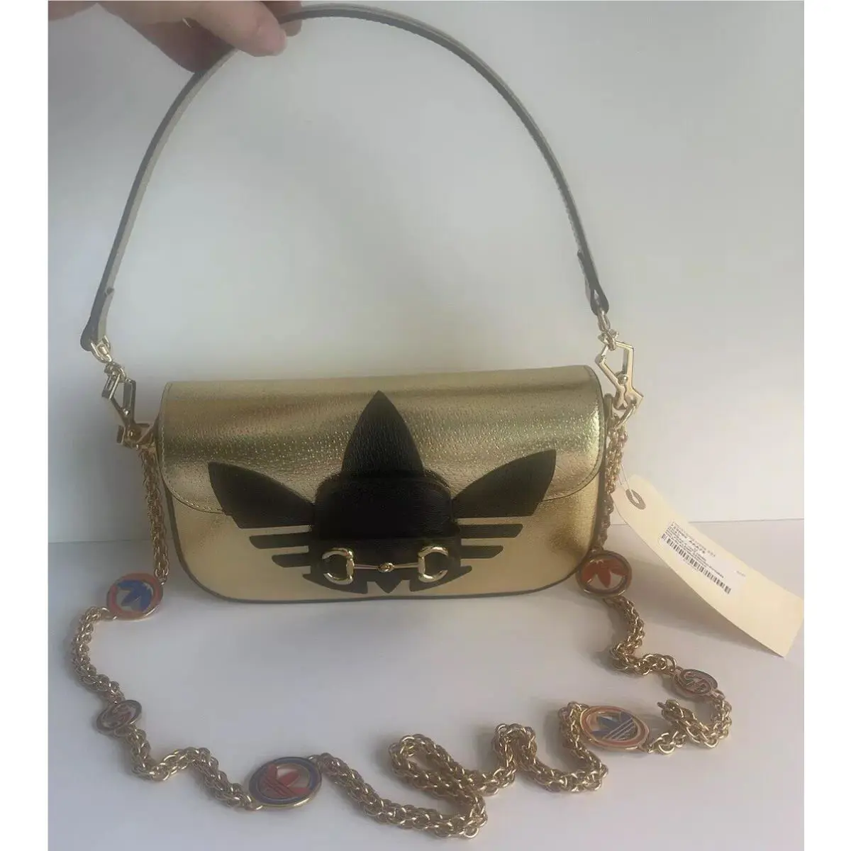 Gucci X Adidas Gold Metallic Leather Horse Bit 1955 Handbag 2 Straps