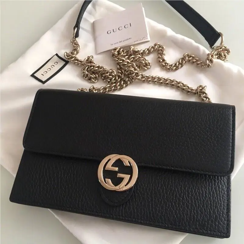 Gucci GG Black Crossbody Handbag Calf Leather Gold Chain Purse Bag Italy