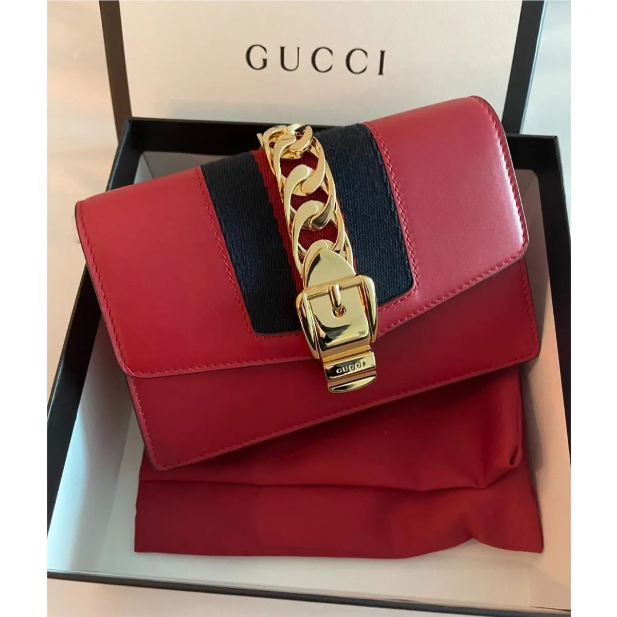 Gucci Red Leather Small Mini Gold Chain Handbag Bag Sylvie Super Web Italy