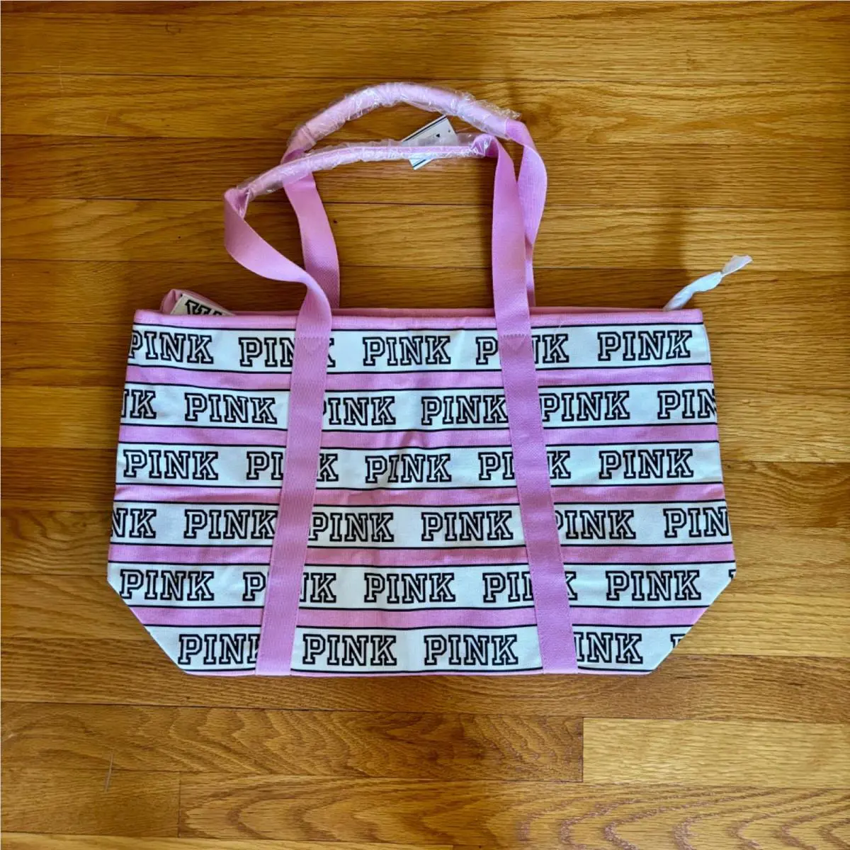 Victoria`s Secret Pink Canvas Zip Top Tote Bag Striped Pink Lollipop 12 x 20 - Exterior: Pink, Lining: Pink