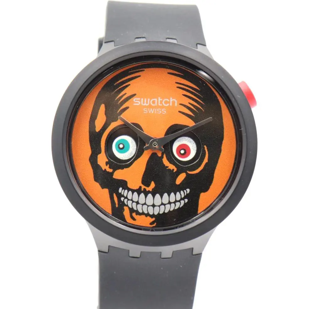 Swiss Swatch It`s Spooky Time Black Silicone Halloween Watch 47mm SB03B700