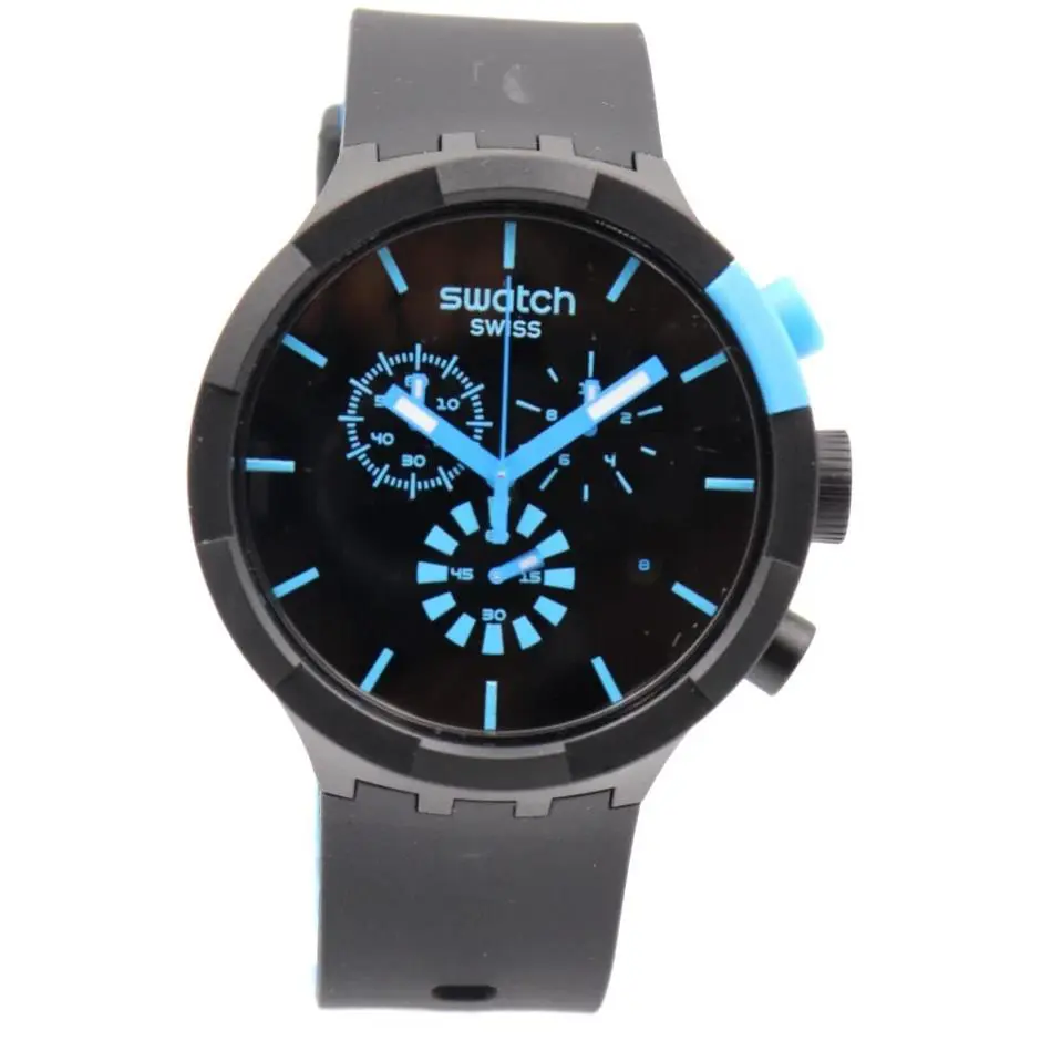Swiss Swatch Big Bold Chrono Checkpoint Blue Men Watch 47mm SB02B401 - Dial: Black, Band: Black and Blue, Bezel: Black