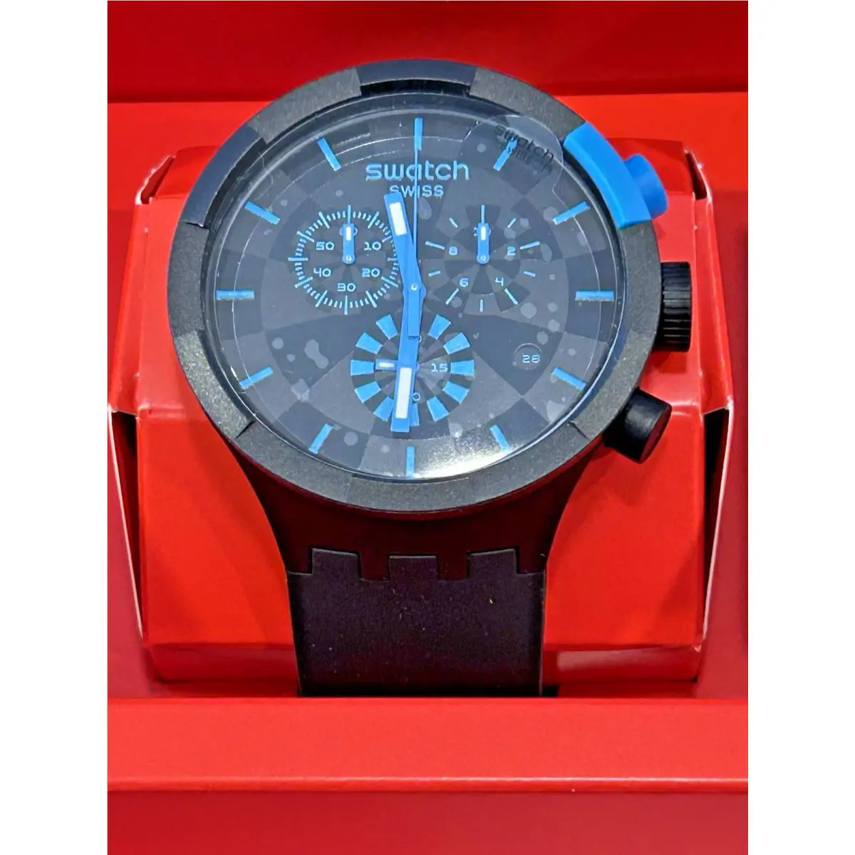 Swiss Swatch Checkpoint Blue Black Chronograph Quartz Watch SB02B401 47MM - Dial: Black, Band: Black, Blue, Bezel: Black