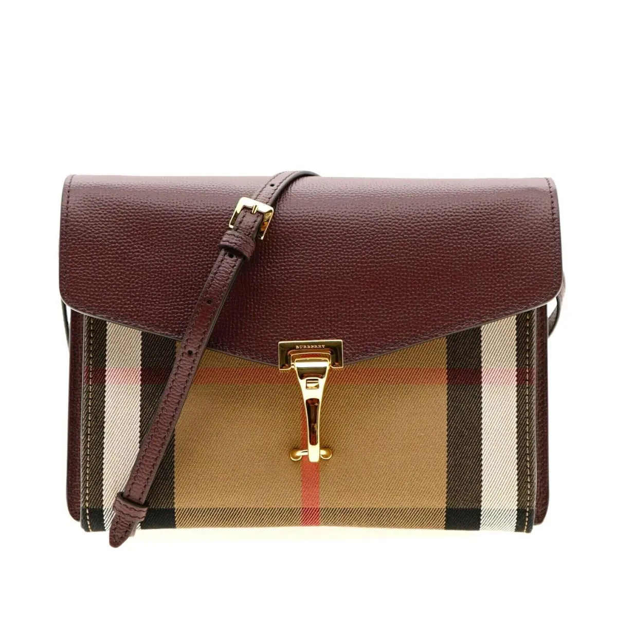 Burberry Macken Medium Shoulder Bag House Check Mahogany Leather
