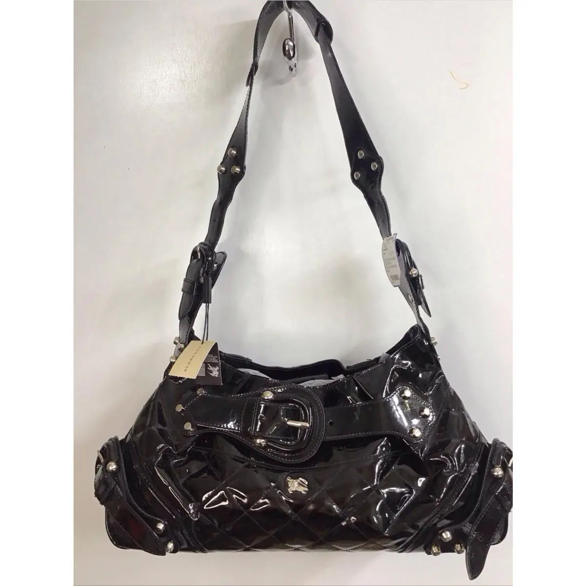 Burberry Black Patent Purse Large Rectangle Quilted Leather Buckle Sides