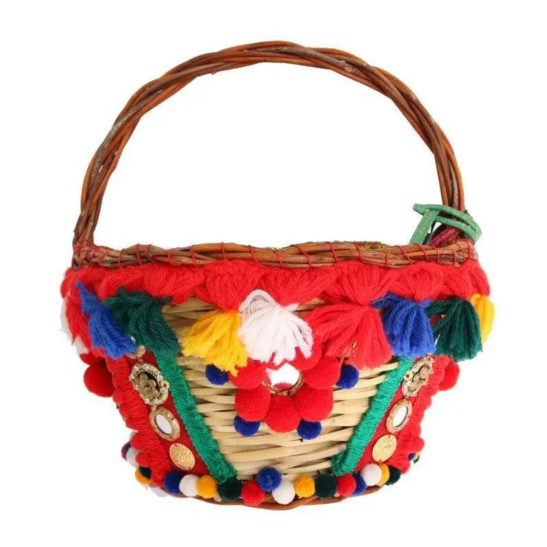 Dolce Gabbana Multicolor Agnese Straw Crystal Pom Pom Bag