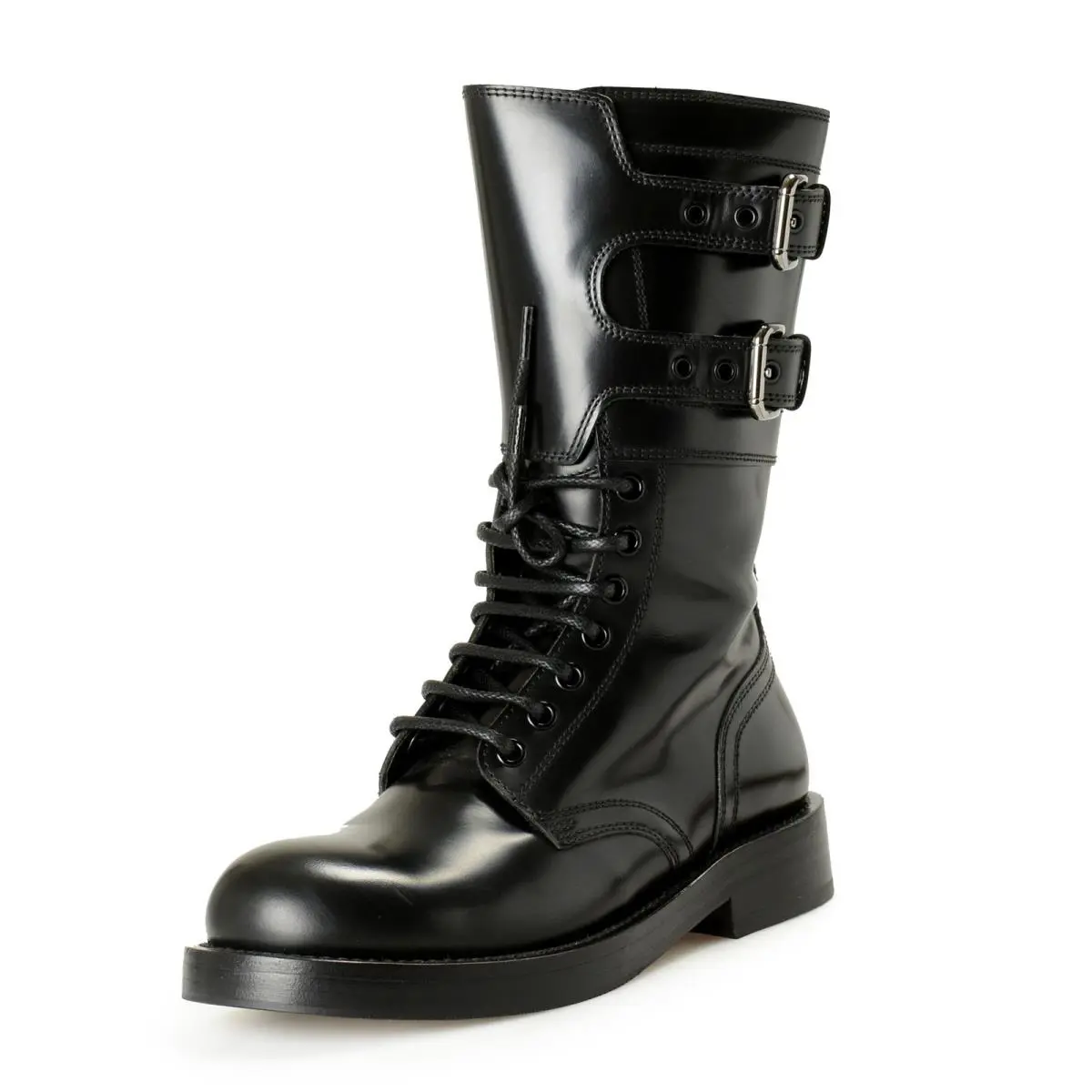 Dolce Gabbana Women`s Black Leather Combat Boots Shoes US 11 IT 41 - Black