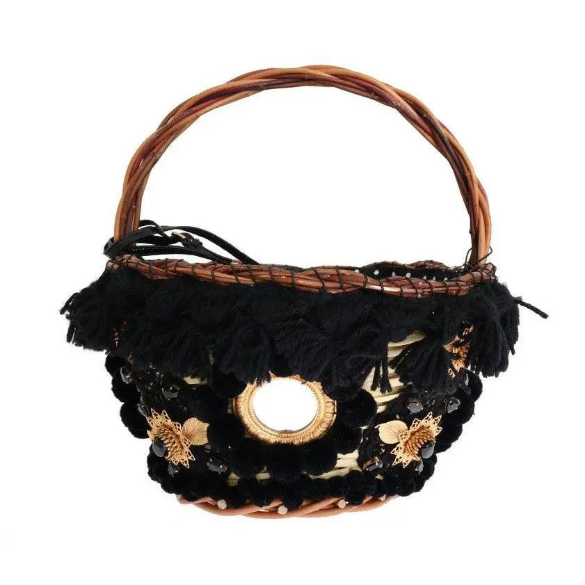 Dolce Gabbana Beige Straw Snakeskin Pom Pom Crystal Agnese Bag