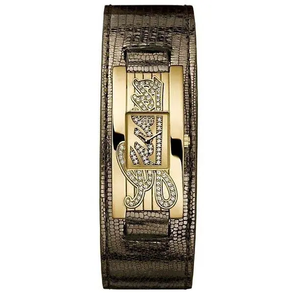 Guess Metallic Copper Python Leather Cuff Crystals Logo Gold Tone Watch W90056L1