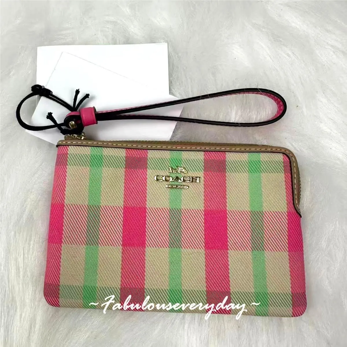 Coach Corner Zip Wristlet with Plaid Print Signature Canvas CBP18 Pink Multi