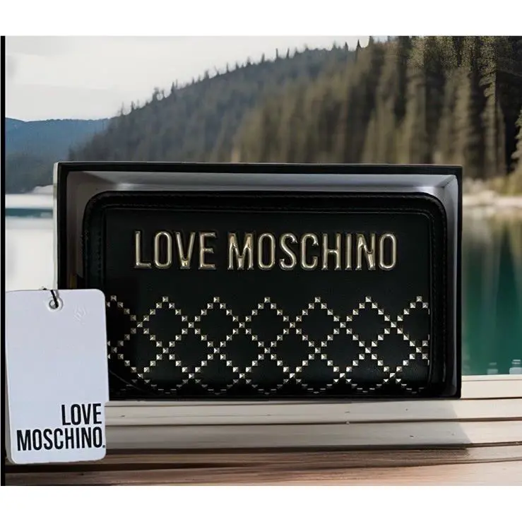 🆕 Love Moschino Studded Leather Large Zip-around Wallet Black