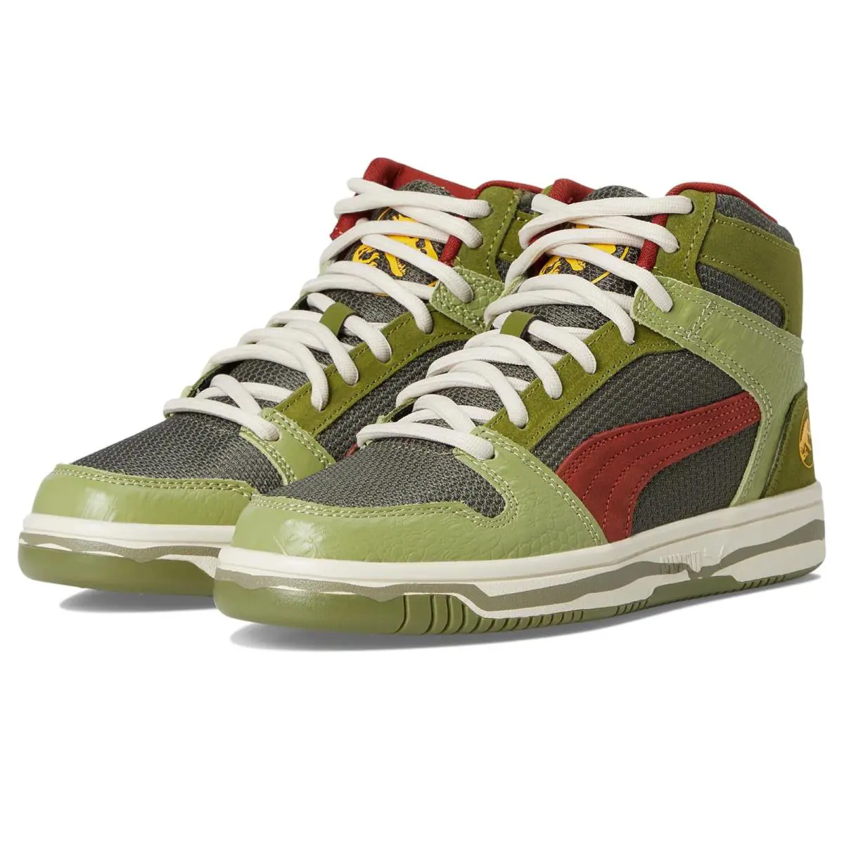 Children Unisex Shoes Puma Kids Rebound Layup Mid Jurassic World Shoes Big Kid - Green Moss/Mars Red/Yellow Sizzle