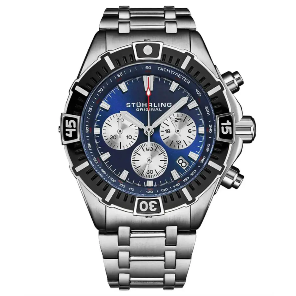 Stuhrling 1022 02 Stellar 44mm Chronograph Date Blue Dial Mens Watch - Dial: Blue, Band: Silver, Bezel: Black
