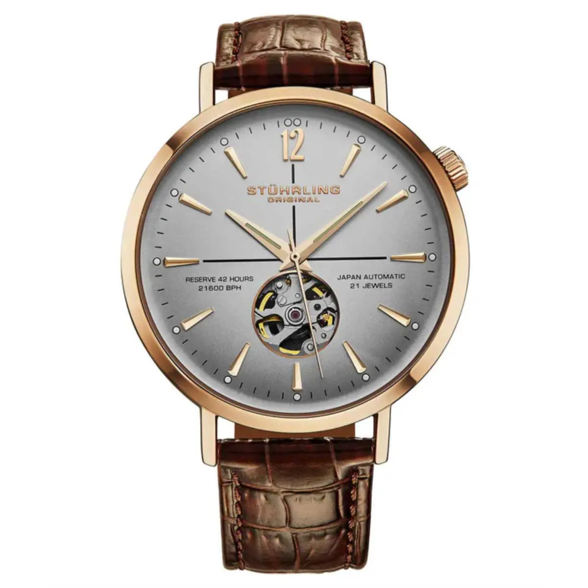 Stuhrling 1021 07 Quasar Skeleton Automatic Brown Leather Strap Mens Watch