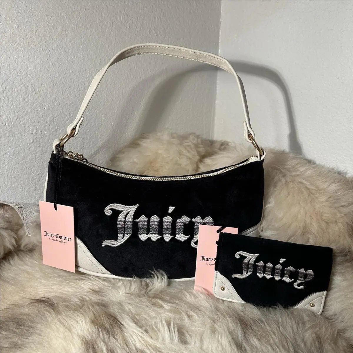 Juicy Couture Retro Vibe Shoulder Bag Wallet Set - Liquorice Black Velour