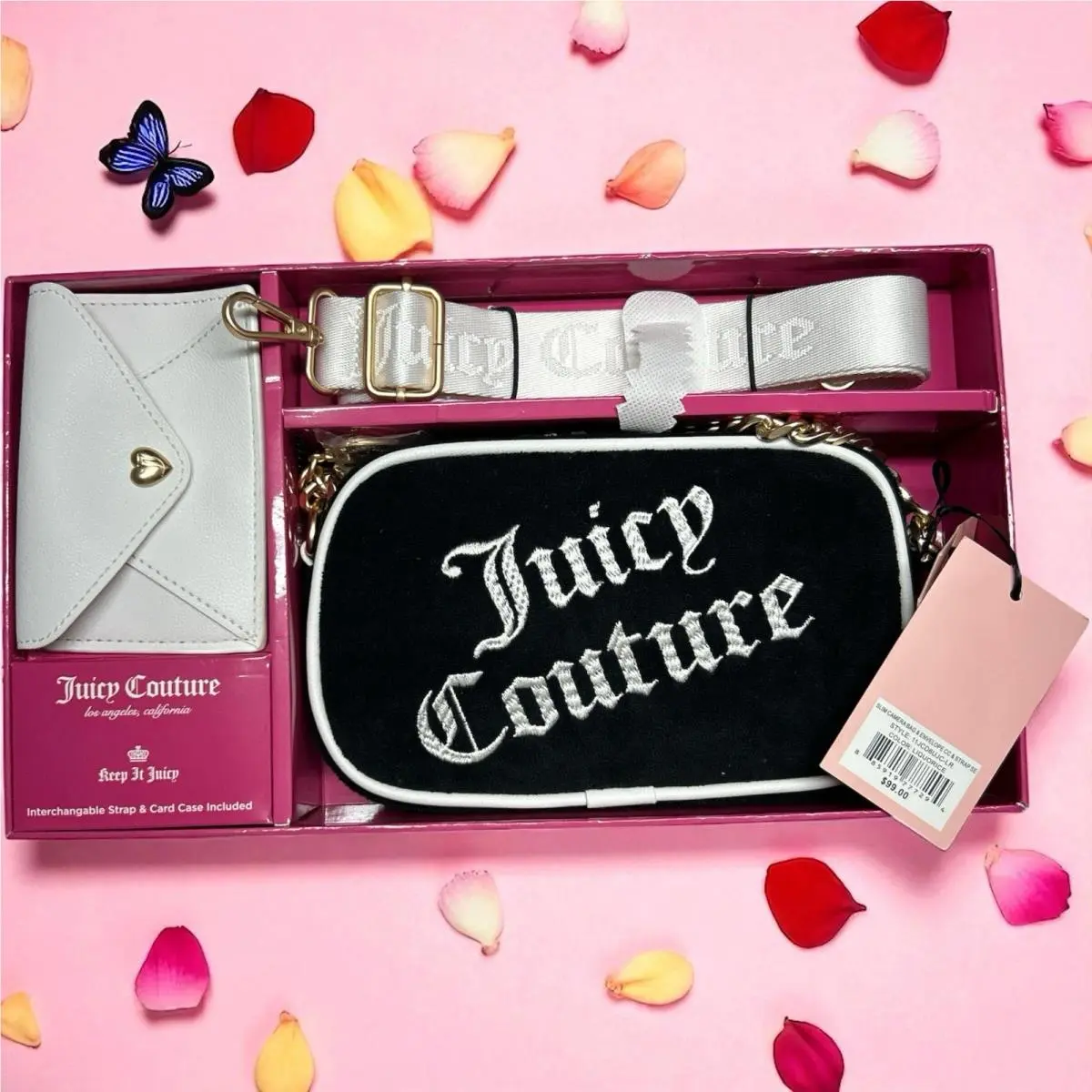 Juicy Couture Slim Black Camera Bag 2 Straps Coin Purse Wallet Gift Set Cute