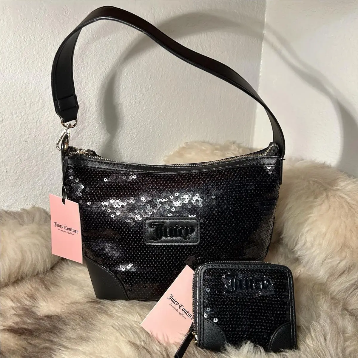 Juicy Couture Blank Canvas Shoulder Bag Wallet Set - Black Sequins