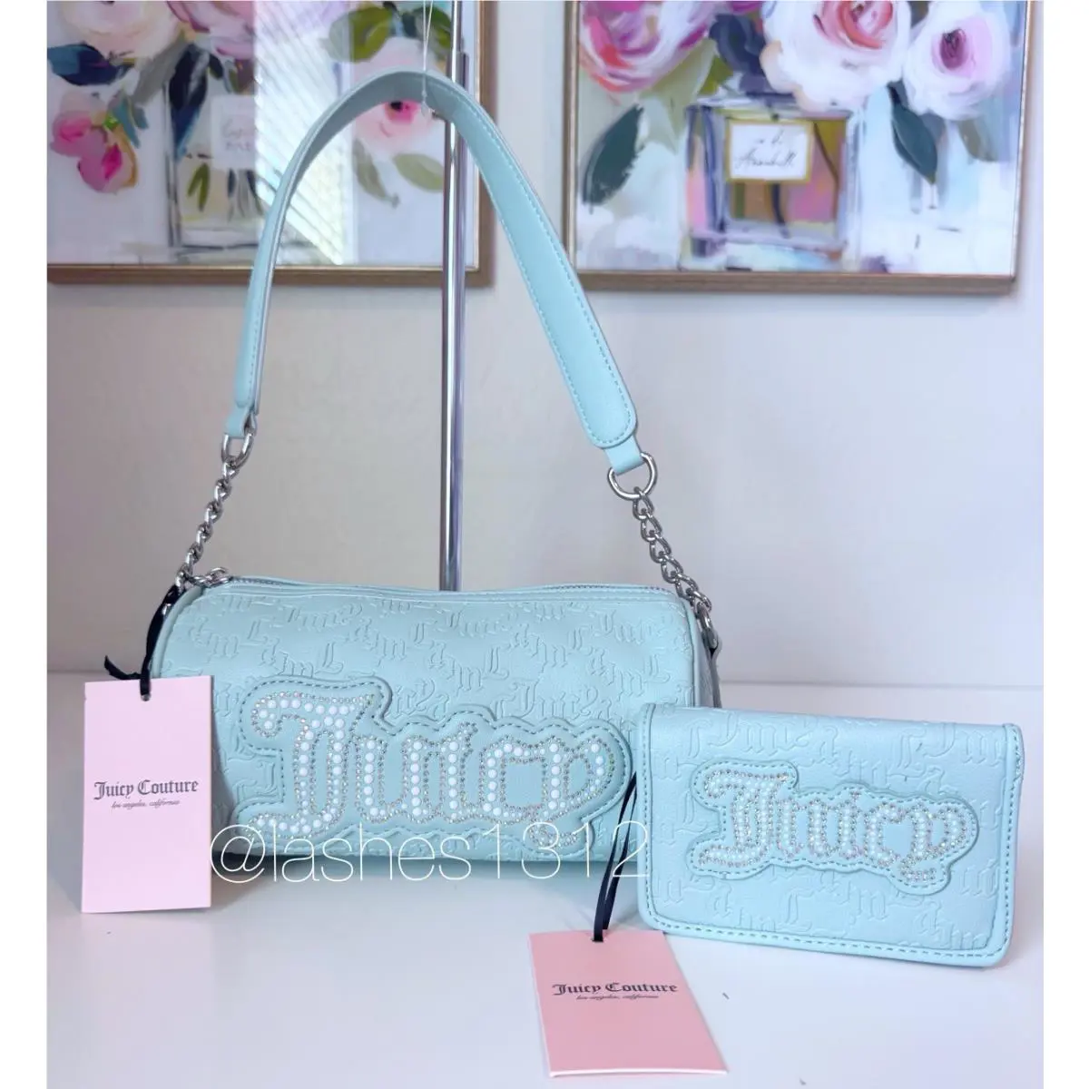 Juicy Couture Purse String of Pearls Barrel Shoulder Bag Wallet Set - Green