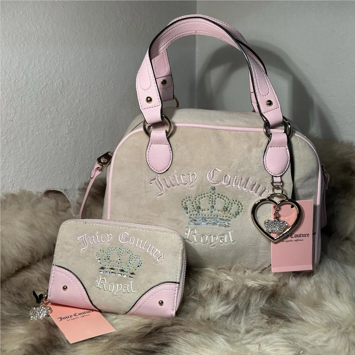 Juicy Couture Kingdom Bowler Bag Satchel Wallet Set - Sandstone Velour